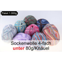 Sockenwolle 4-fach 1.000g - unter 80g/Knäuel...