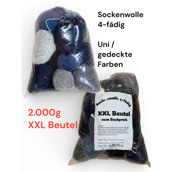 Sockenwolle 4-fädig – Uni-Farben im XXL Beutel ca. 2.000 g